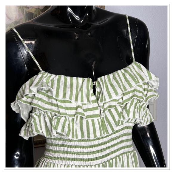 ZARA Striped Frill Ruffle Midi Viscose & Linen Sundress Sz S Green & White NWT - Picture 4 of 8
